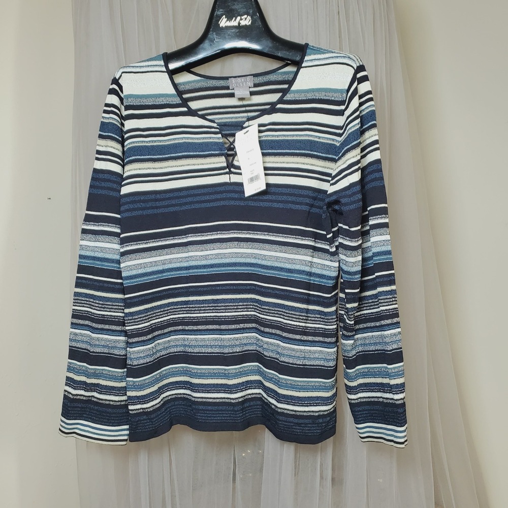 Sigrid Olsen India Ink Nautical Knit Pullover Sweater XL Stripe Seaside Coastal